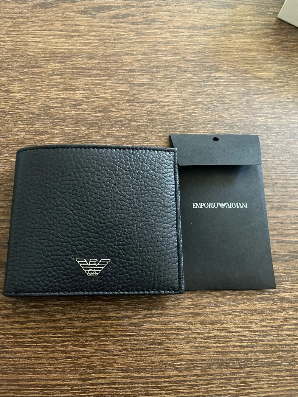NEW Emporio Armani Navy Pebbled Leather Bi-Fold Wallet with Metal Silver Logo
